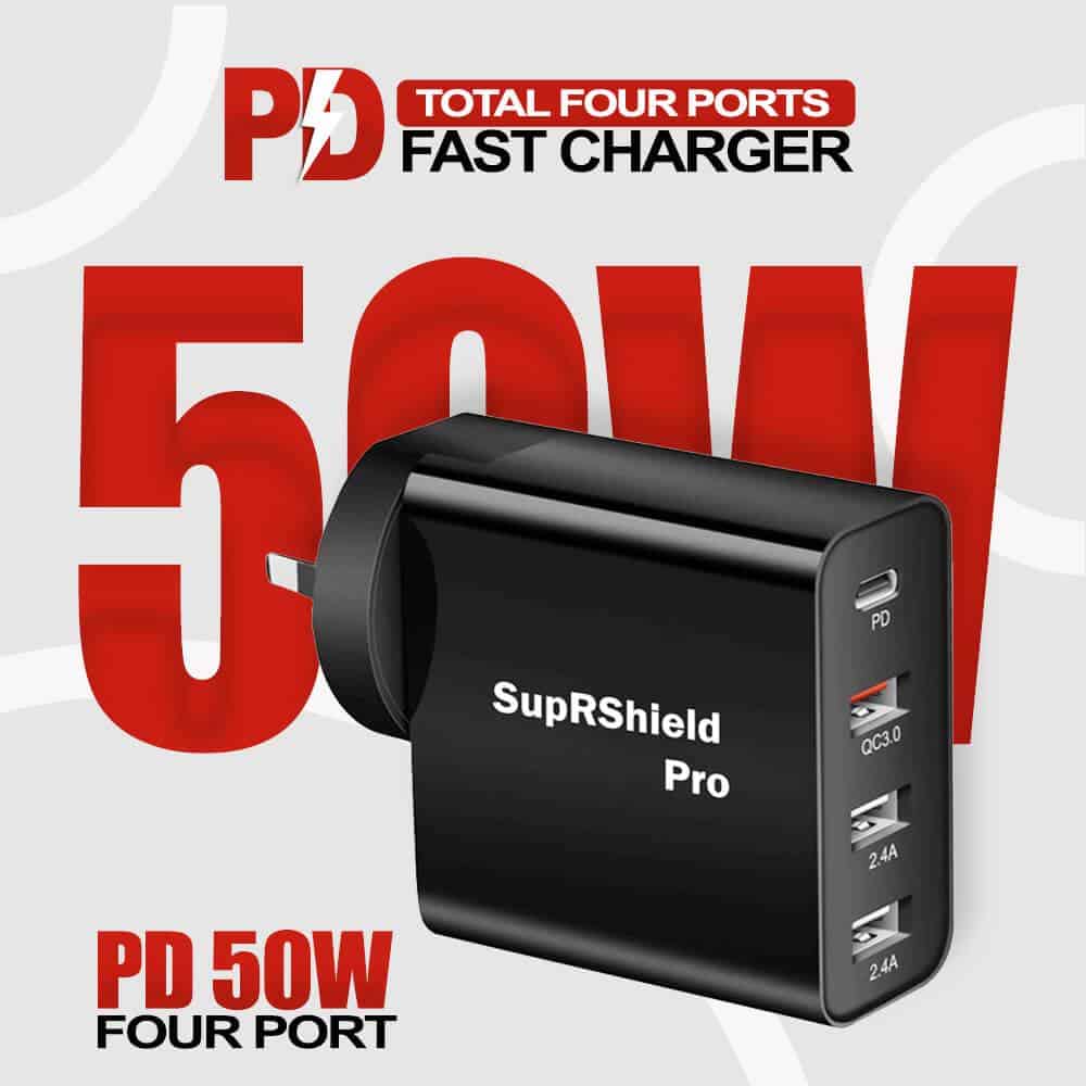 SupRShield 50W SAA Certified PD Fast Charging Charger Multi 4 Ports USB-C QC3.0 Power Wall Plug Travel Adapter SupRShield 50W SAA Certified PD Fast Charging Charger Multi 4 Ports USB-C QC3.0 Power Wall Plug Travel Adapter